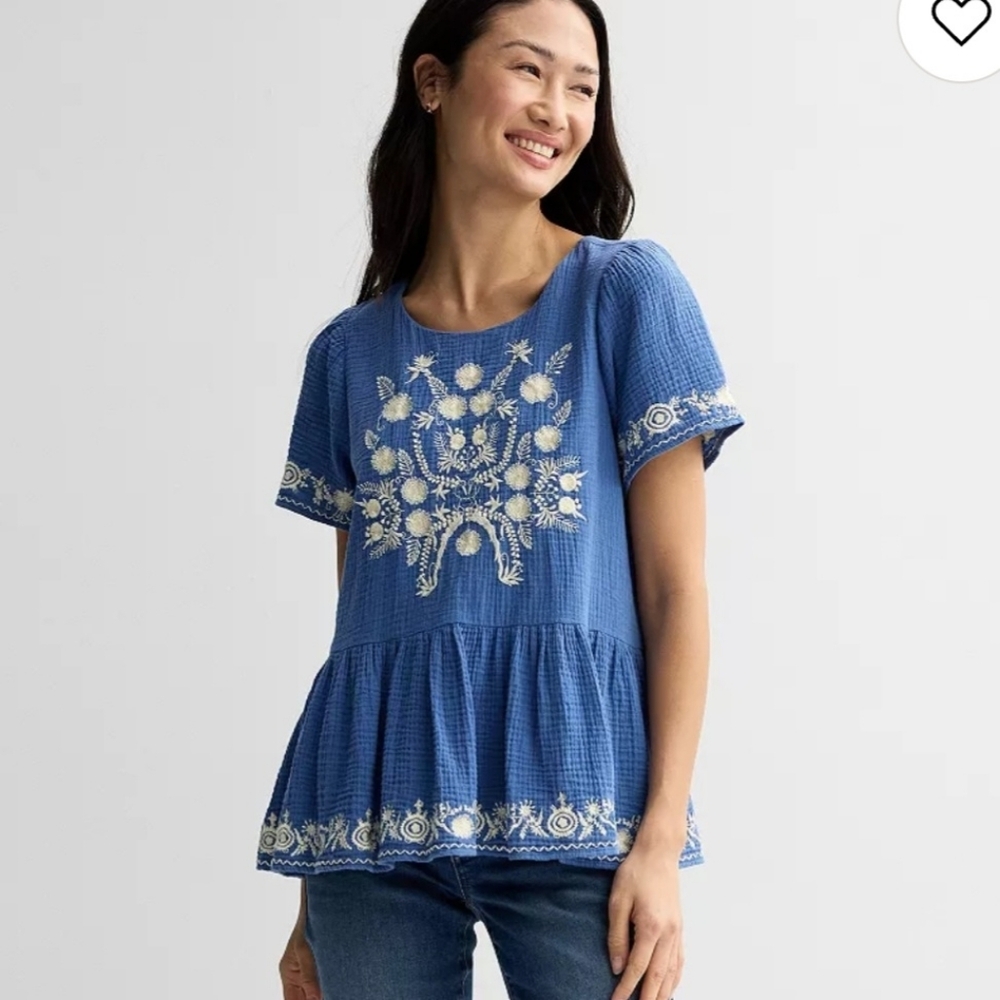 Farmers Market Womens boho Embroidered Peplum Top size L 100% Cotton Gauzy Lined
